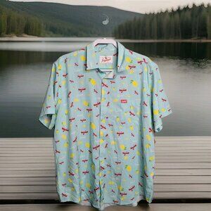 Leinenkugels Original Beer Premium Aloha Shirt Size XL Poly Spandex Blue Red Yel